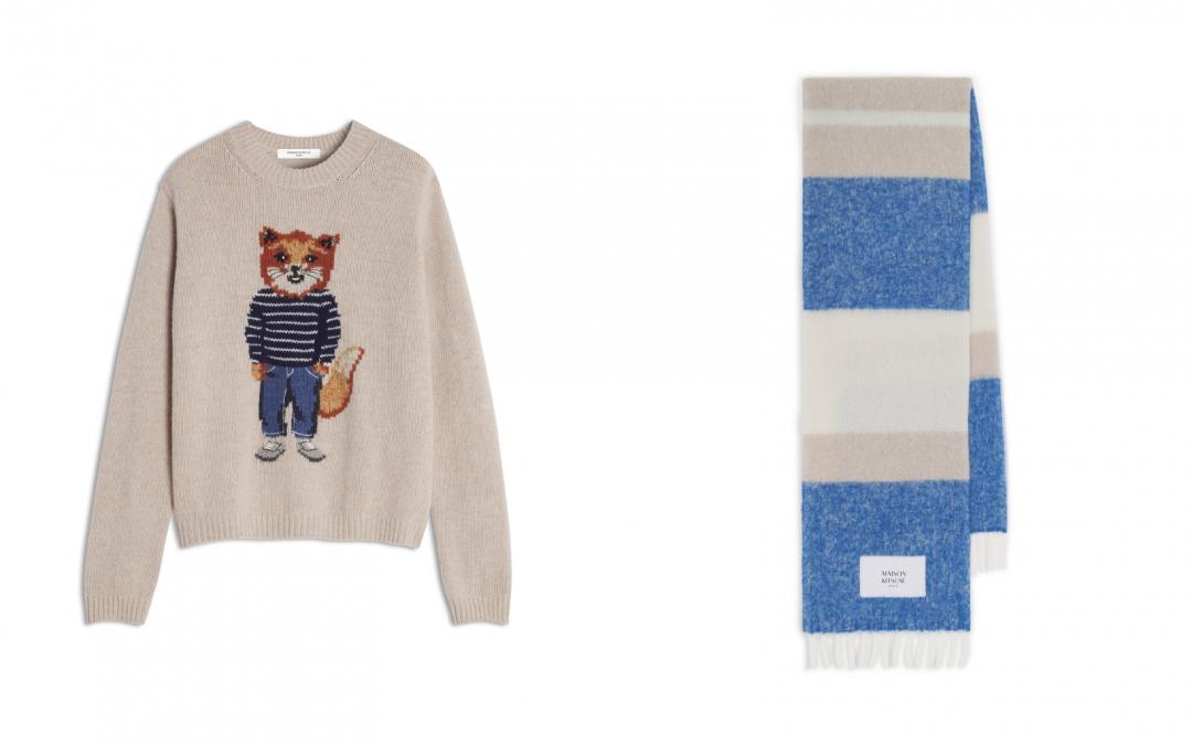 （左起）羊皮白崁花穿搭狐狸LOGO圓領毛衣（NT$17,100）；巖石藍色塊幼羊駝毛混紡圍巾（NT$8,800）。