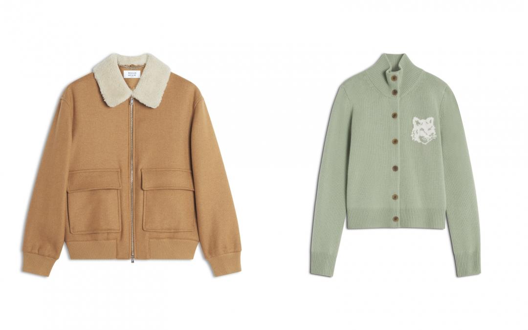 （左起）暖土棕純再生羊毛羊羔毛領飛行夾克（NT$25,800）；鼠尾草綠嵌花針織狐狸頭高領開襟針織衫（$15,700）。
