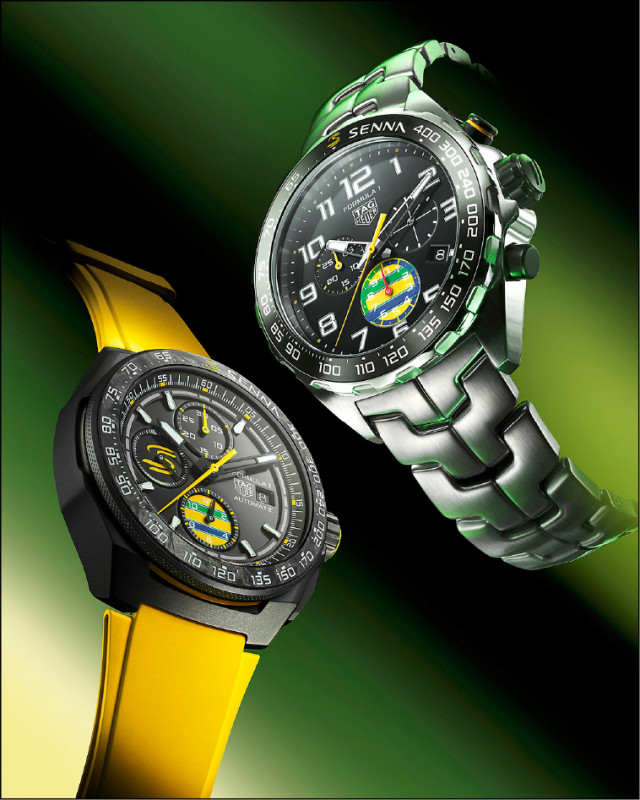 TAG Heuer Formula 1×Senna特別版計時腕錶44毫米款（圖左），防水深度200米，189,000元。43毫米款（圖右），防水深度200米，86,800元，全球限量3,000只。