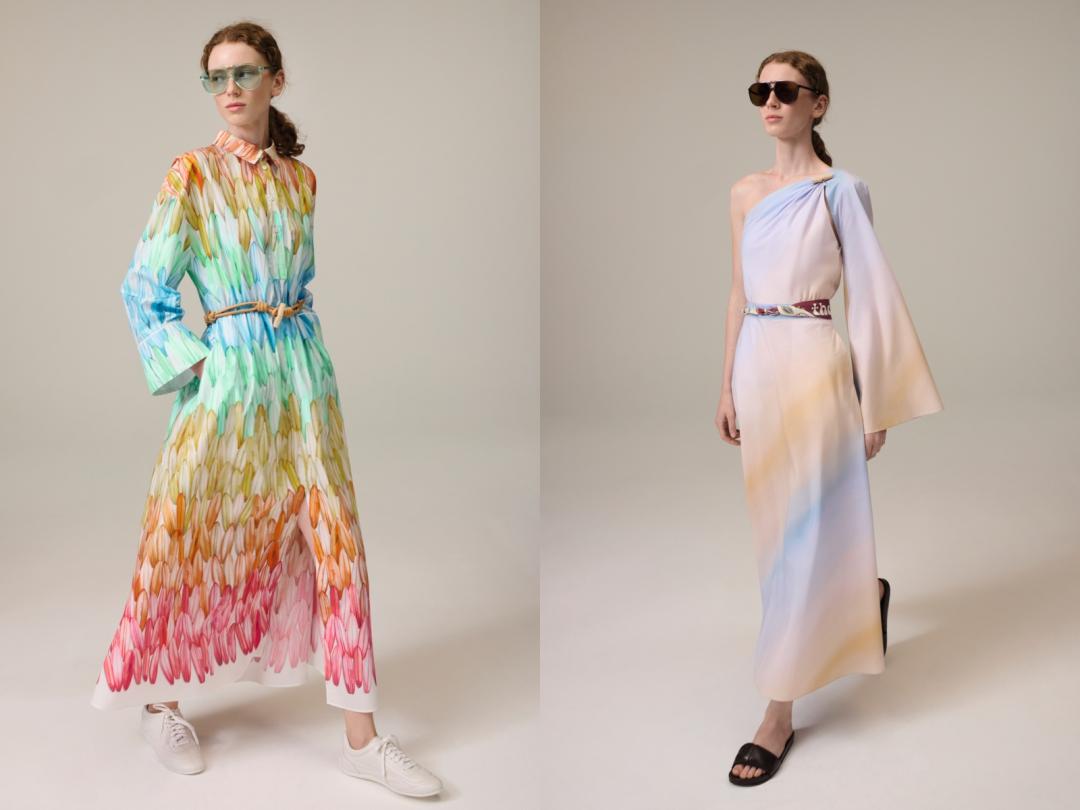 衝浪板被鋪排成羽毛，突顯夏季自由靈魂。漸層色調的單肩洋裝，宛如晚霞時分的浪漫。