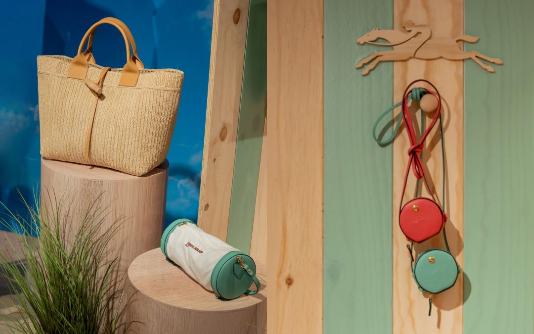 夏季系列配件兼具時尚與實用，「小圓餅」展開來後變成圓筒包（左下）。