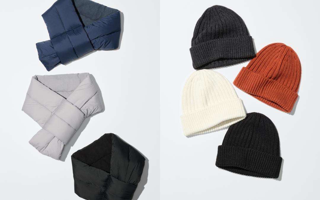 （左起）HEATTECH  padded圍巾 ，售價NT$590元；HEATTECH 羅紋毛帽， 售價NT$390元。