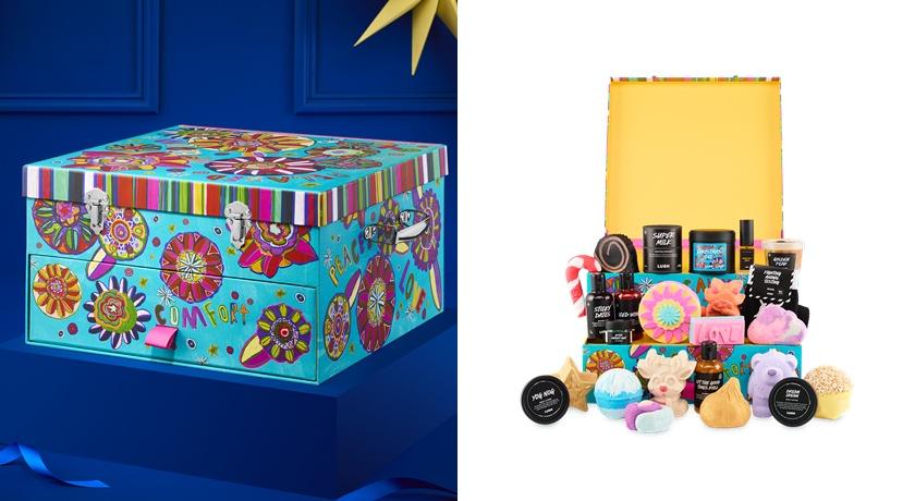 LUSH聖誕倒數月曆11,000元，盒精選25款熱門產品，當中含10款禮盒專屬驚喜，包括泡泡浴芭、沐浴露、香氛皂，到香氛蠟燭和襪子。