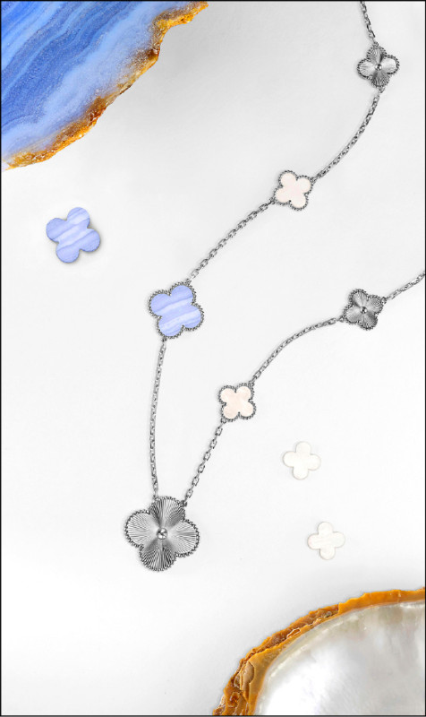 Magic Alhambra可轉換式長項鍊，18K白金鑲嵌玉髓及白色珍珠母貝，1,280,000元。