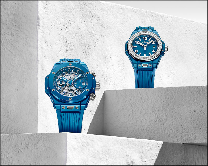 兩款新作包括兼具優雅前衛的Big Bang One Click石油藍陶瓷鑽錶，567,000元（圖右），以及複雜功能的Big Bang Unico石油藍陶瓷計時碼錶，781,000元（圖左）。