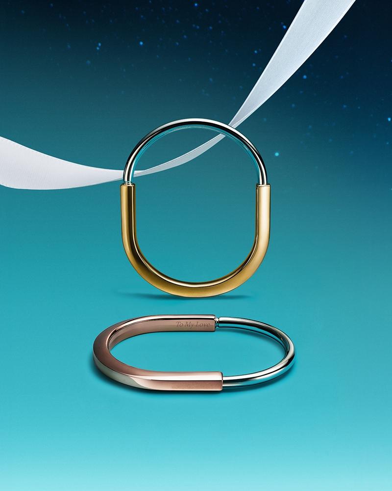 Tiffany Lock (上) 黃K金與白K金手環 (下) 玫瑰K金與白K金手環，258,000元。（Tiffany & Co.提供）