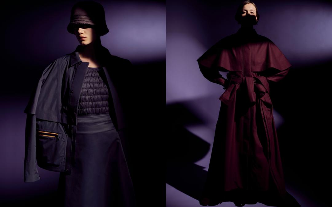 R＆D系列以雨衣為基礎，注入當代剪裁與輪廓，展現時尚感。（左起）Claf披肩式羊毛外套，售價NT$25,400元；Bless披肩式羊毛防水外套，售價NT$43,000元。