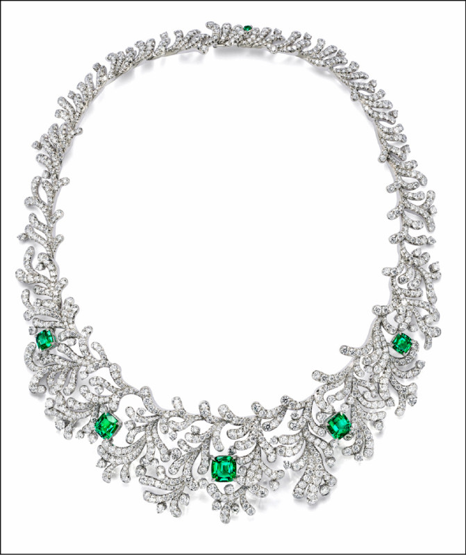 Sea of Wonder Ocean Flora系列項鍊，鉑金、5顆主石逾10克拉未經優化處理枕形切割祖母綠、鑽石。