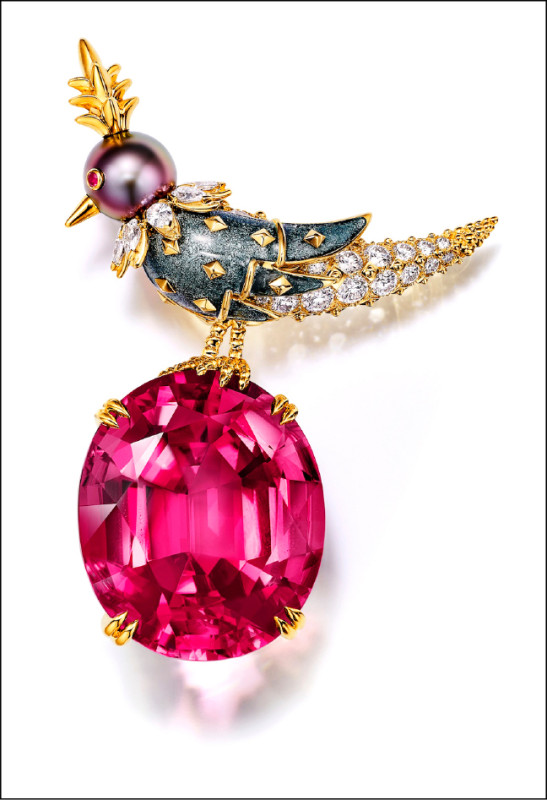 Jean Schlumberger by Tiffany彩虹石上鳥胸針，鉑金、18K黃金、主石逾62克拉的紅碧璽、灰色金箔琺瑯、紅寶石、大溪地珍珠、鑽石。