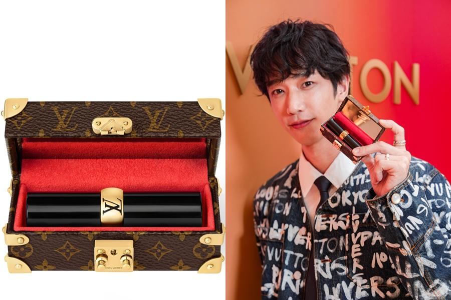 LV品牌大使劉以豪出席La Beauté彩妝系列登台記者會，手持Louis Vuitton Trunk脣膏盒，是標誌性路易威登硬箱的優雅迷你版。101,000元。