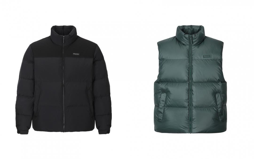 男裝BARNSLEY系列（左起）霧面黑羽絨短版外套（NT$8,690）；孔雀綠羽絨背心（NT$ㄅ5,790）。