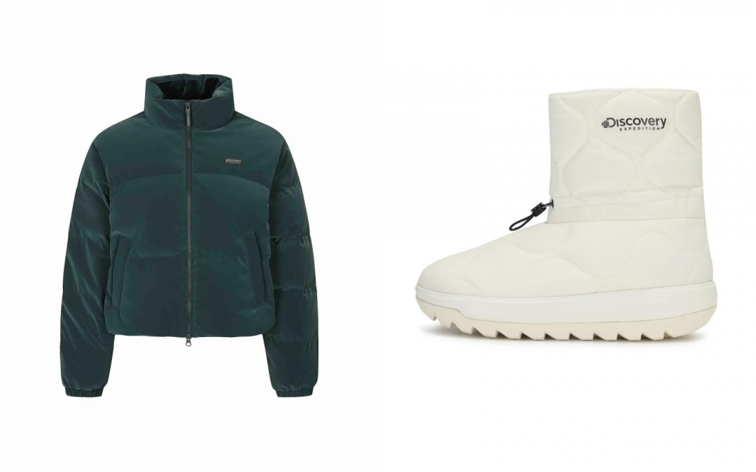 （左起）謝欣穎大讚HAYNEY短版羽絨外套，版型穿起來相當顯瘦（NT$8,690）；LESTER QT靴子（NT$3,790）。