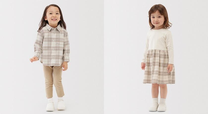 (左)幼兒雙面起毛法蘭絨標準領長袖襯衫，590元；(右)幼兒雙面起毛法蘭絨套衫式長袖洋裝，790元。
