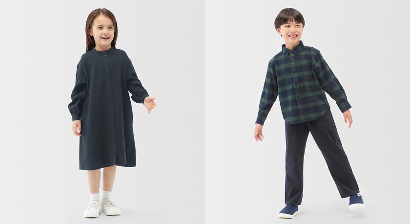 (左)兒童雙面起毛法蘭絨立領長袖洋裝，790元；(右)兒童雙面起毛法蘭絨標準領長袖襯衫，590元。