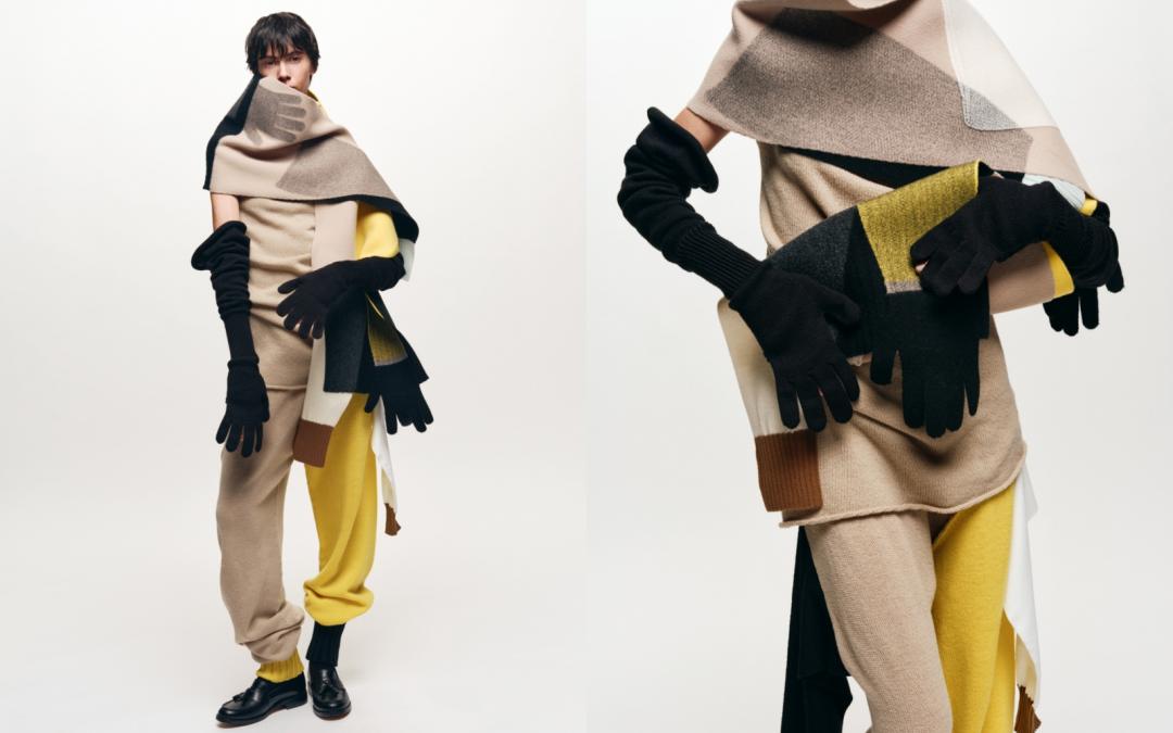 高領無袖上衣（NT$21,800）、 縮口長褲（NT$36,300）、圍巾（NT$57,300 ）、BREEZE KNIT GLOVES長手套（NT$6,800）。