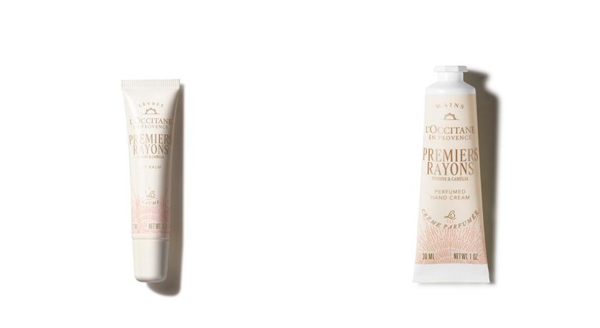 (左)晨曦花梨護唇膏420元；(右)晨曦花梨護手霜30ml/420元。