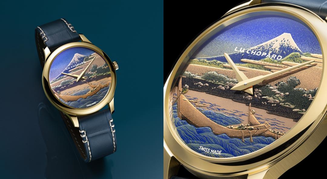 L.U.C XP Urushi Ukiyo-e腕錶，1,410,000元。錶盤由日本漆藝大師遵循Urushi生漆與蒔繪技術手工製作，圖案靈感源自葛飾北齋的作品《田子之浦》。