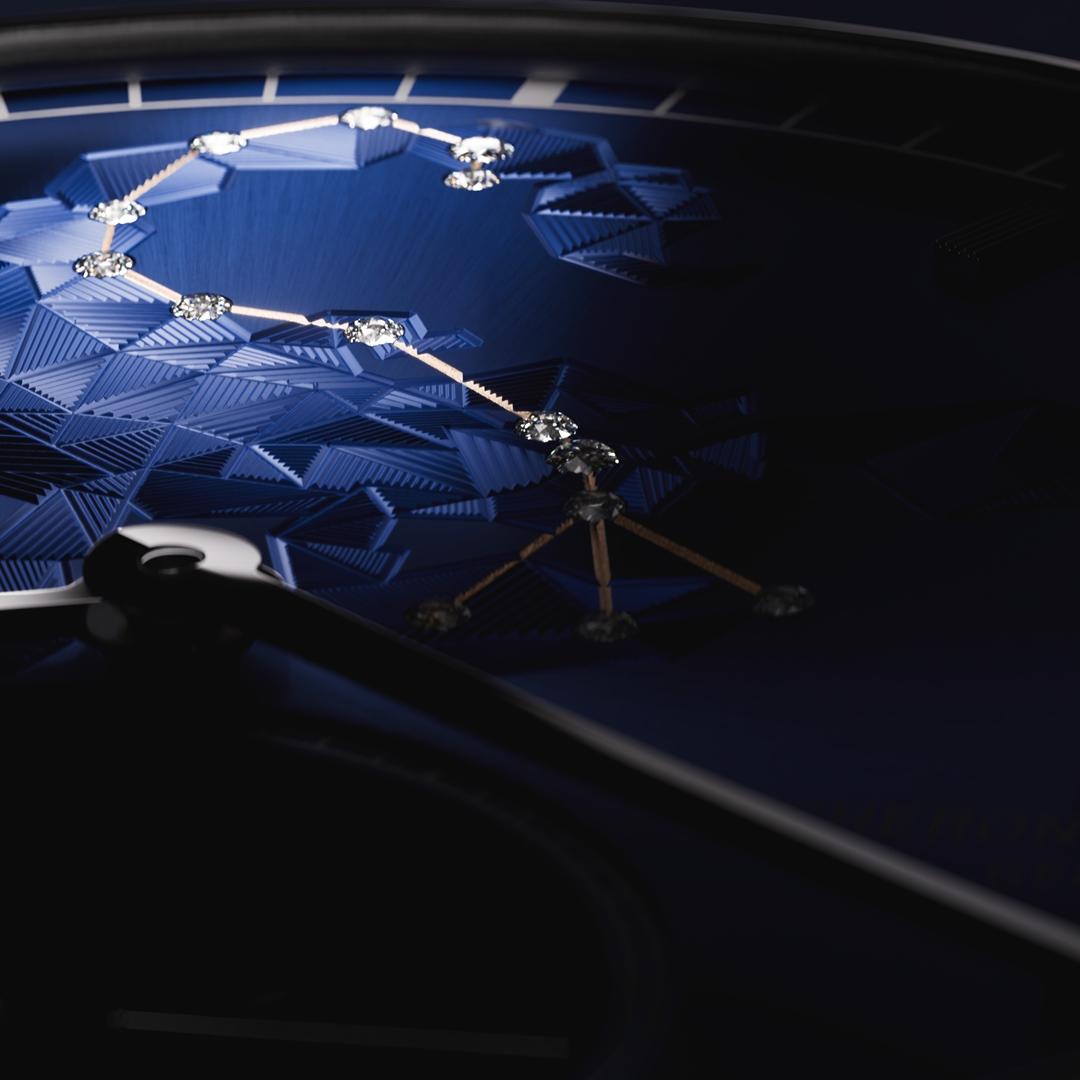 錶盤上代表恆星的明亮式切割鑽石採取精細的粒鑲工藝，散發極致璀璨。