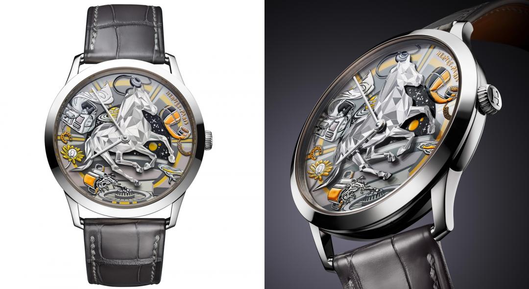 Slim d’Hermès系列Faubourg of Dreams腕錶，將絲巾圖案濃縮於30毫米的錶盤之內，以微繪工藝搭配鐫刻工藝，提升構圖的立體感，3,139,000元。