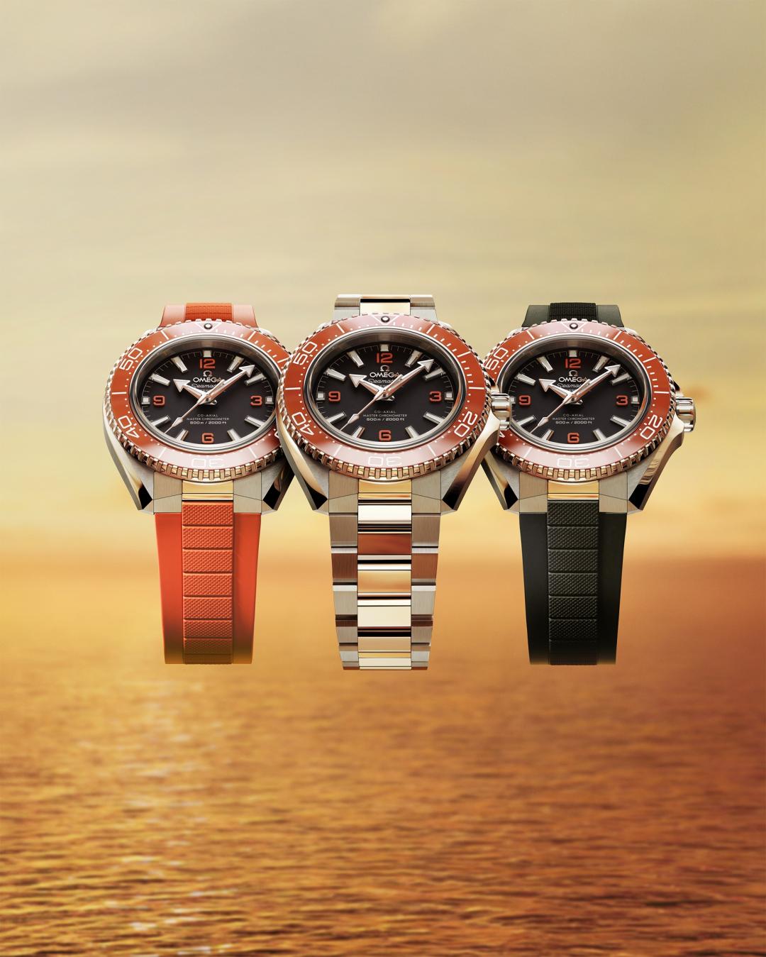 OMEGA全新推出第四代海馬Planet Ocean系列，延續經典、與時俱進，由左到右260,000元、279,000元、260,000元。(OMEGA提供，以下同)