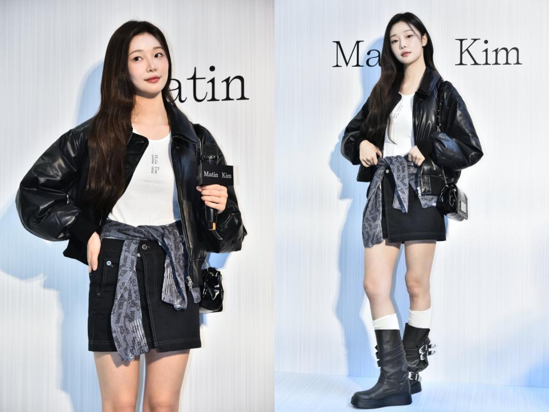 李時安在密拷邊無袖上衣（NT$1,090）外搭人造皮革羽絨夾克（NT$9,400） 展現個性，下半身則選穿層次摺邊迷你裙（NT$4,690）並在腰間繫上滿版LOGO短版針織開襟衫（NT$4,890）展現層次。（圖／記者陳奕全攝）