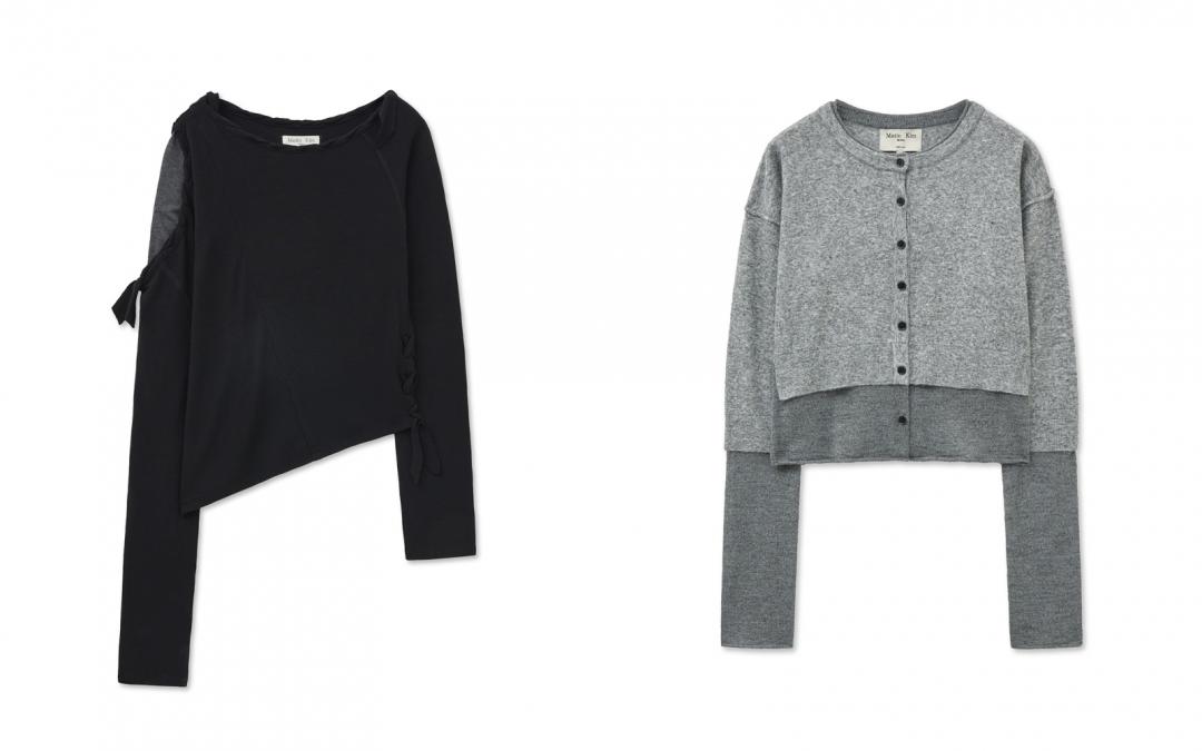 （左起）編織造型長袖上衣（NT$3,890）； 層次感修身針織上衣（NT$4,890）。