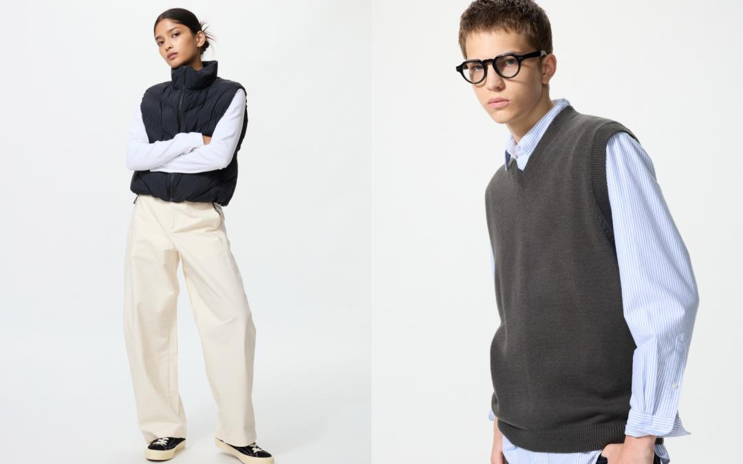 （左起）483722女裝繭型褲，原價NT$1,290元，開幕首週11/21～11/27期間限定價格NT$990元；480965男裝針織V領背心，原價NT$990元，開幕優惠價NT$590元。