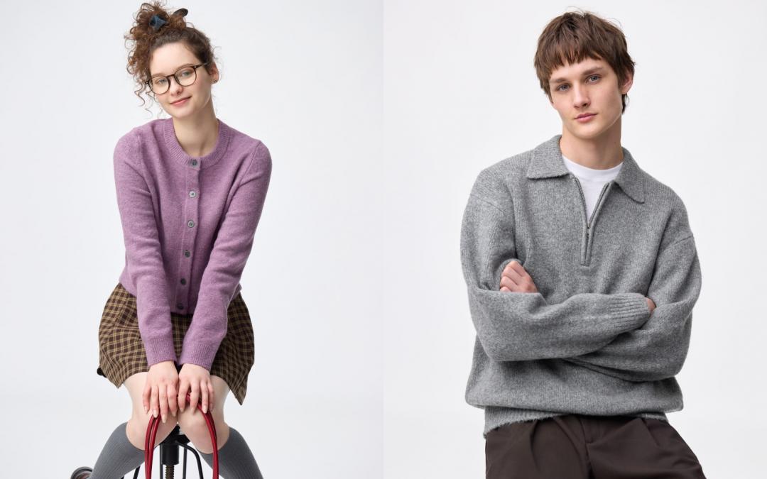 （左起）女裝Puff蓬鬆柔軟圓領針織開襟外套，原價NT$690元，限定優惠價NT$590元；男裝Puff蓬鬆柔軟針織半拉鍊休閒上衣，原價NT$890元，限定優惠價$790元。