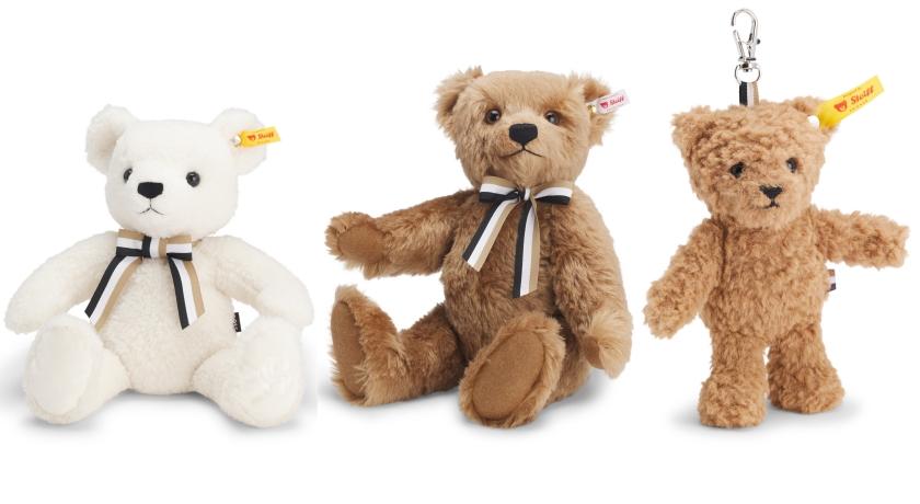 BOSSＸSteiff節日系列（左起）30公分高白色長絨毛泰迪熊（NT$4,400）、37公分高棕色馬海毛原創收藏版泰迪熊（NT$13,400）、12公分棕色泰迪熊吊飾（NT$1,350）。