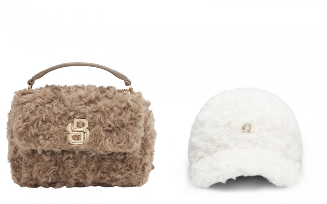 BOSSＸSteiff節日系列（左起）棕色絨毛鏈帶肩背包（NT$9,900）、白色絨毛棒球帽（NT$2,700）。