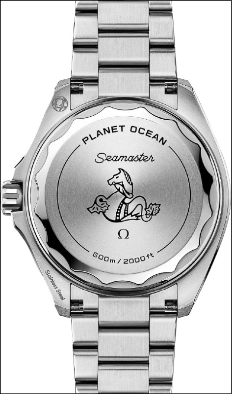 腕錶配備5級鈦金屬旋入式底蓋，帶有波浪紋邊緣，並鐫刻「PLANET OCEAN」與「SEAMASTER」字樣、防水深度標示，經典OMEGA海馬徽章也置於中央。