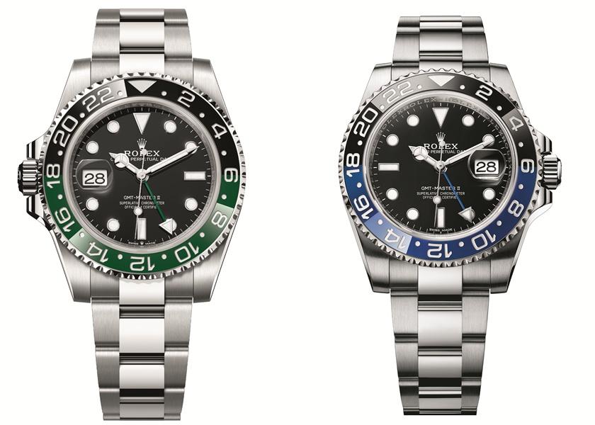 GMT-Master II，蠔式鋼，綠黑雙色Cerachrom陶質字圈；GMT-Master II，蠔式鋼，藍黑雙色Cerachrom陶質字圈。