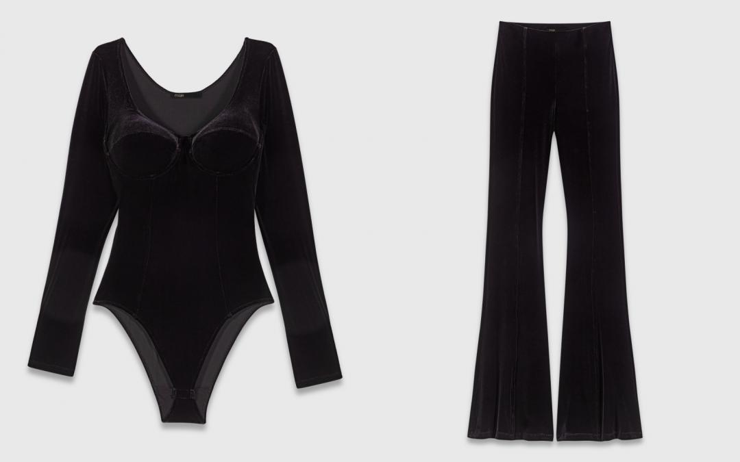 （左起）天鵝絨連身衣（NT$9,190）；彈力天鵝絨長褲（NT$9,190）。