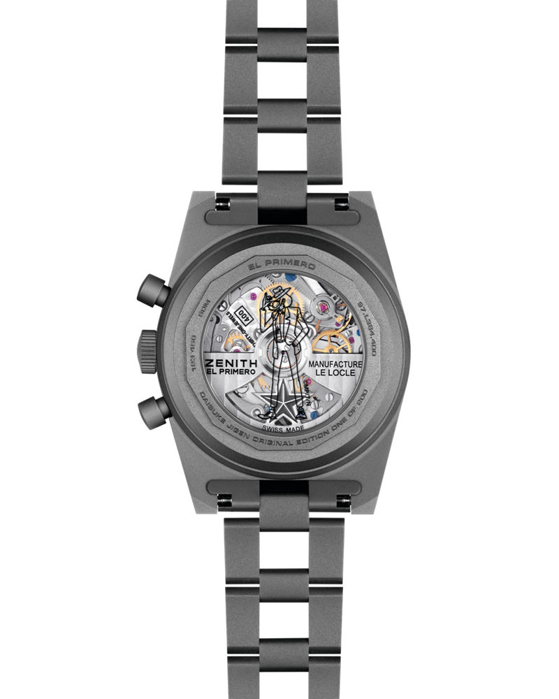 透明藍寶石底蓋，鐫刻次元大介剪影。（ZENITH提供）