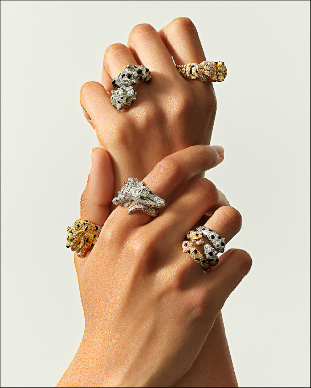 卡地亞捕捉各種動物的特色，打造別具野性美學的作品。Indomptables de Cartier系列戒指、Panthère de Cartier美洲豹戒指，920,000元起。