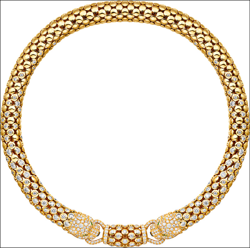 Panthère de Cartier美洲豹項鍊，黃K金鑲嵌縞瑪瑙、4顆祖母綠、559顆圓形明亮式切割鑽石，價格店洽。