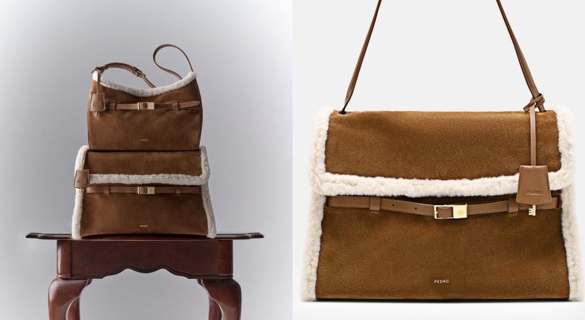 點綴毛毛細節的實用包款：大型肩背包（NT$5,390）、迷你肩背包（NT$3,990）。