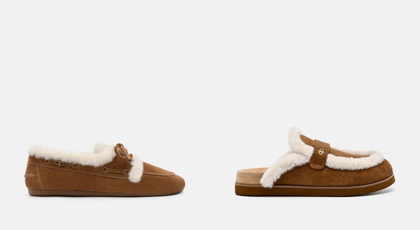 （左起）Dee絨面船鞋（NT$3,190）、仿羊毛皮革拖鞋（NT$3,190）。