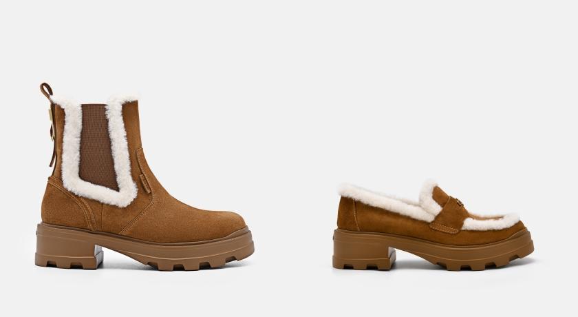 （左起）麂皮切爾西靴（NT$4,390）、皮革樂福鞋 淺棕褐色（NT$3,990）。