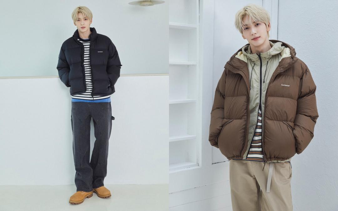 秀彬以層次搭配將羽絨衣穿出時髦新高度。（左起）經典Logo立領羽絨外套（NT$6,490）、經典連帽羽絨外套（NT$6,790）。