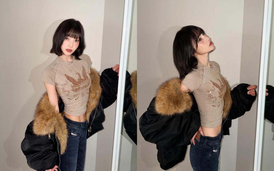 Joy這套造型出自義大利精品DIESEL，同款台灣也買得到，水鑽圖騰上衣（NT$8,500）、1969 D-EBBEY丹寧小喇叭長褲（NT$10,000）。