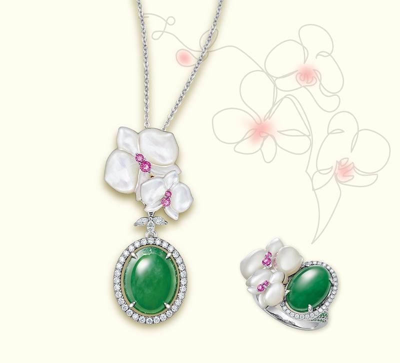 「映之蘭」翡翠戒指選用經設計師親自挑選、配對的母貝，由工匠手工雕刻與打磨，每件皆為獨一無二。（Ever Rich Jewelry提供）