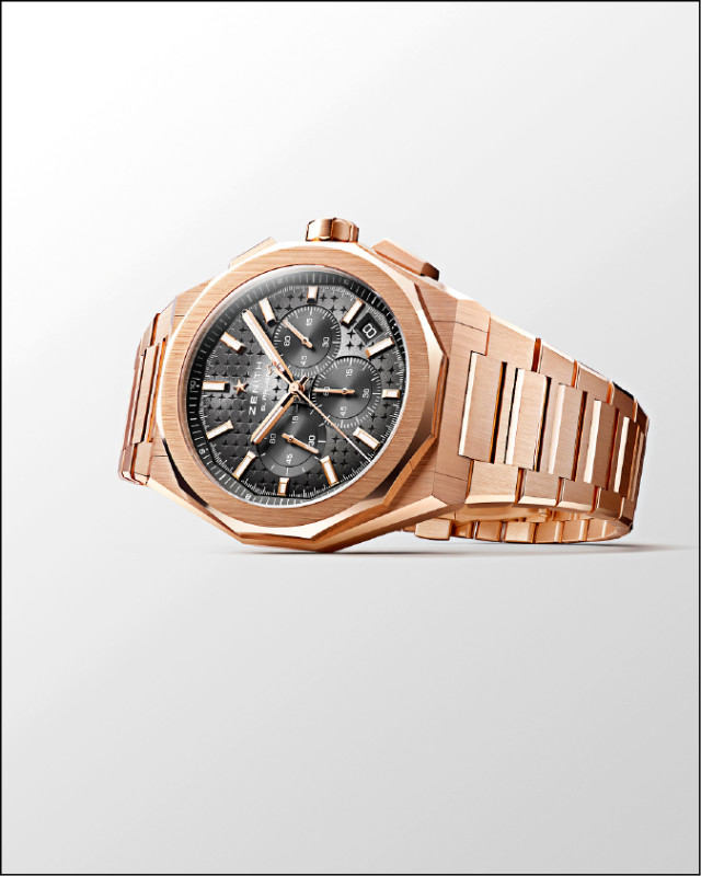 DEFY Skyline挑戰天際線玫瑰金襯巖灰色錶盤款計時腕錶，錶徑42mm，2,362,100元。