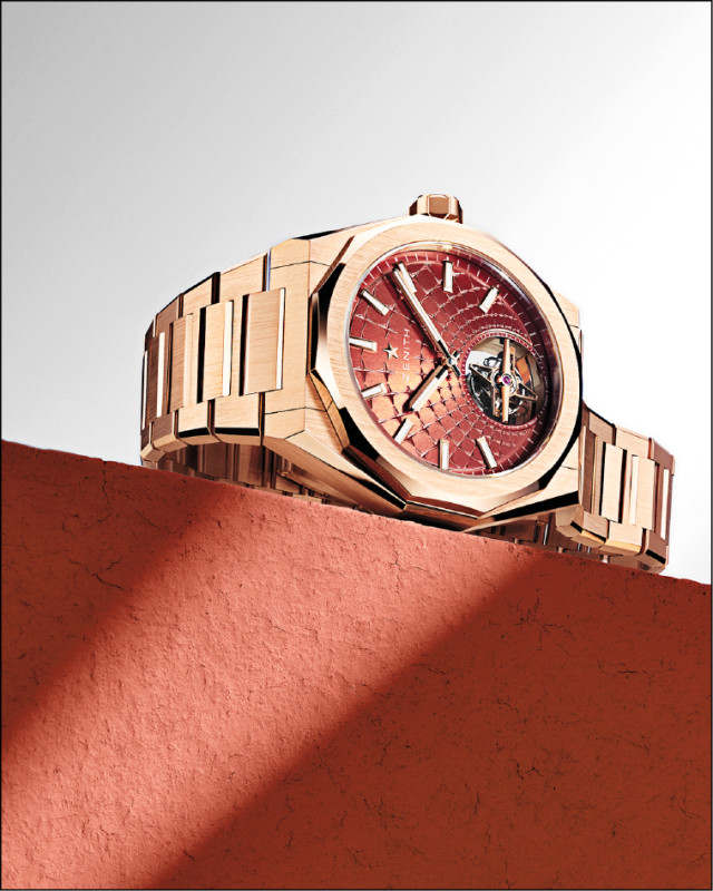 錶徑41mm的DEFY Skyline Tourbillon挑戰天際線陀飛輪玫瑰金腕錶，流露強烈建築感，3,272,100元。