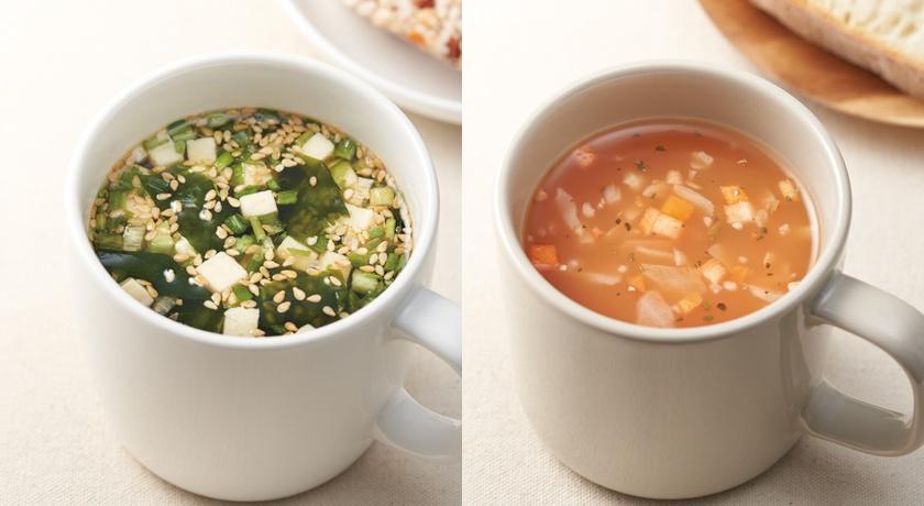海帶芽湯，99元；番茄蔬菜湯，99元。(MUJI提供，以下同)
