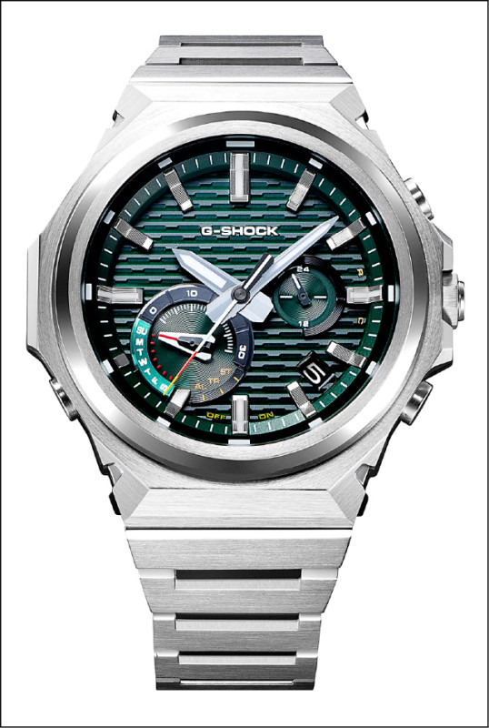 錶殼、錶圈和錶鍊皆以豐富的打磨工法呈現質感。綠色款GST-B1000D-3A，12,000元。