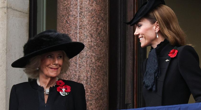 卡蜜拉王後(左)和凱特王妃(右)備受矚目。(路透)