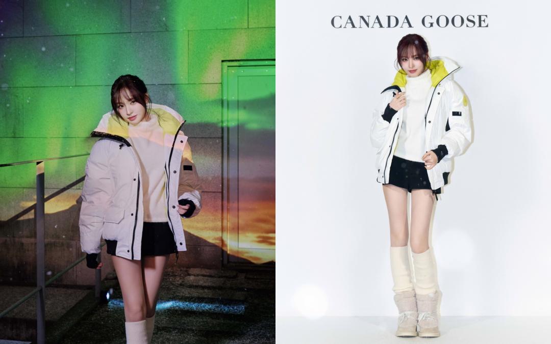 Liz穿著官網限定的電光黃配色Chilliwack飛行員夾克露出修長美腿。