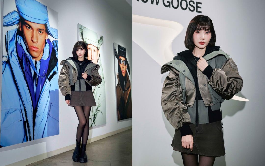 Joy身著短版Claremont飛行員夾克，巧妙拉長整體比例。