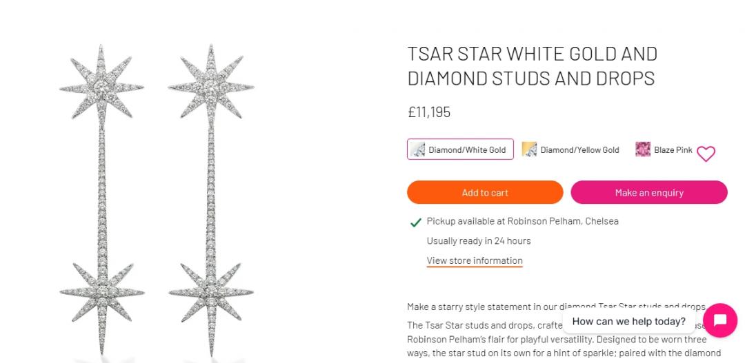 凱特王妃佩戴的星形耳環來自英國珠寶品牌Robinson Pelham。（翻攝自Robinson Pelham官網）